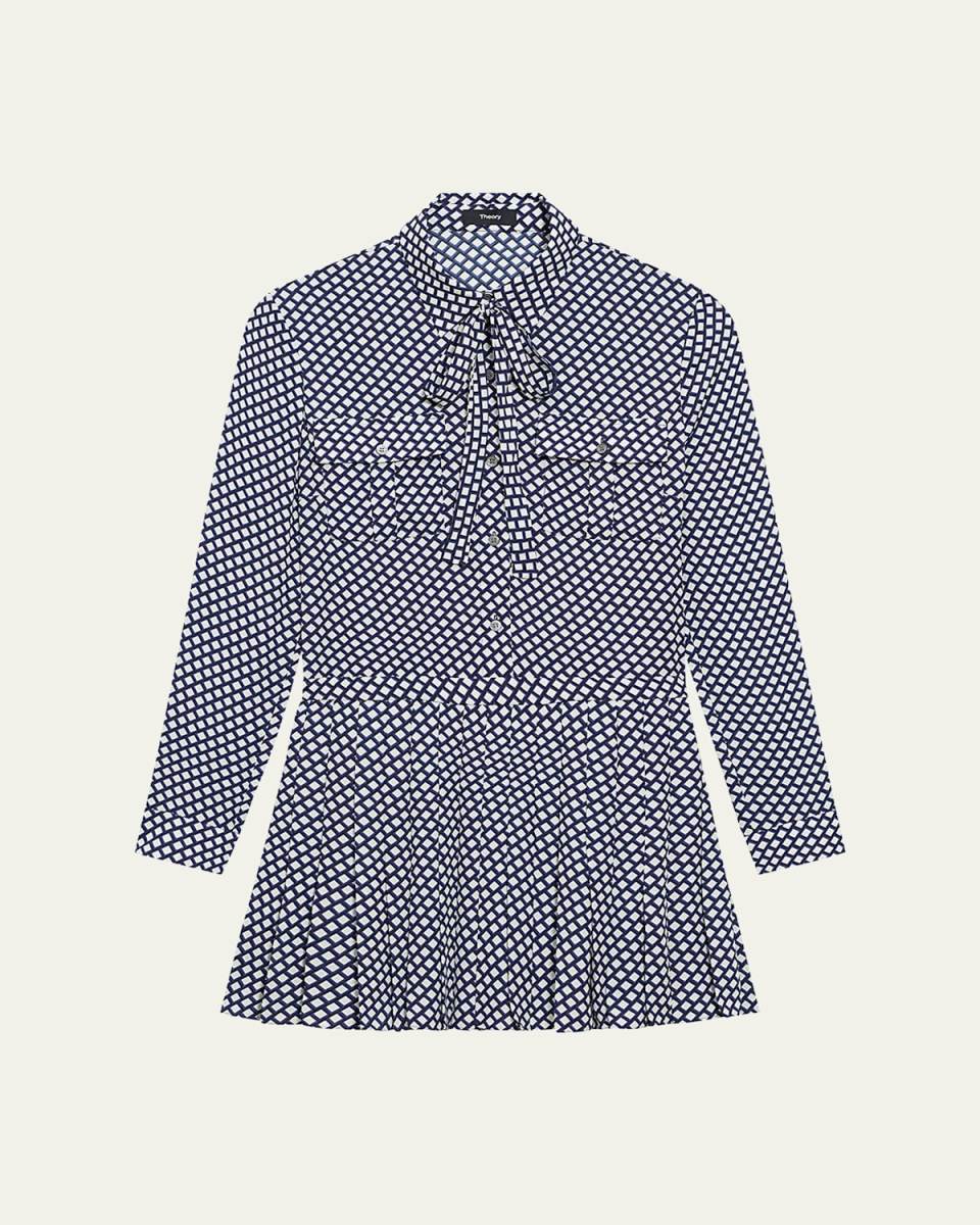 Diamond Printed Pleated Neck-Tie Mini Dress